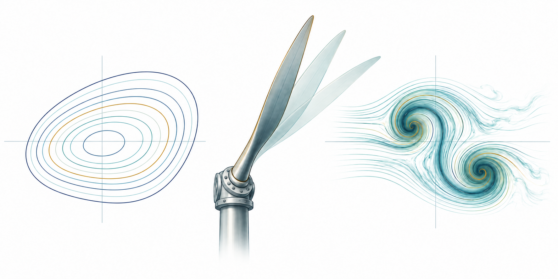 Conceptual illustration of oscillatory motion, a flexible blade, and swirling flow.